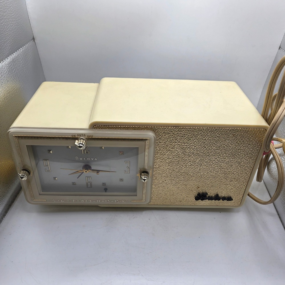 Vintage 1957 Bulova Model 100 AM Tube Clock Radio MCM Alarm Clock